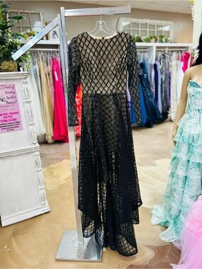 Black Beaded Long-Sleeve Evening Gown